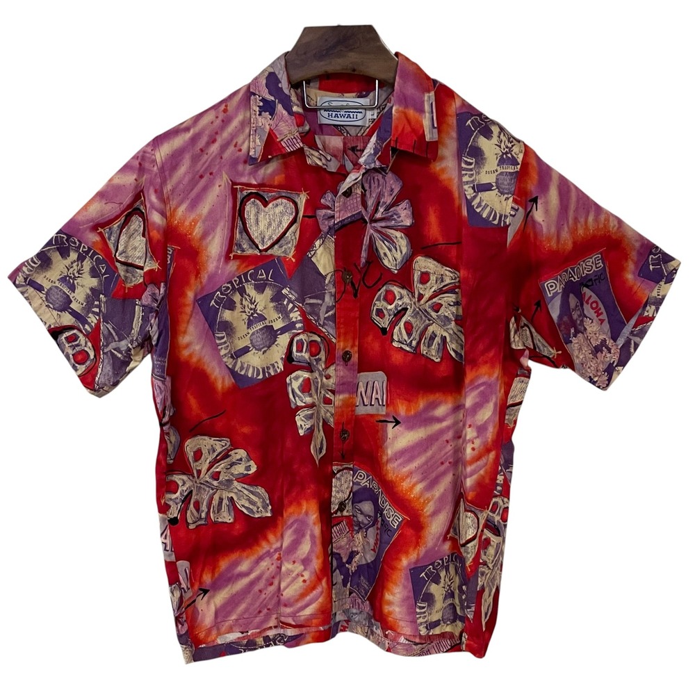Vtg Surf Line Hawaii‎ Mens Red Purple Tie Dye Tropical Hawaiian Shirt Cotton L
